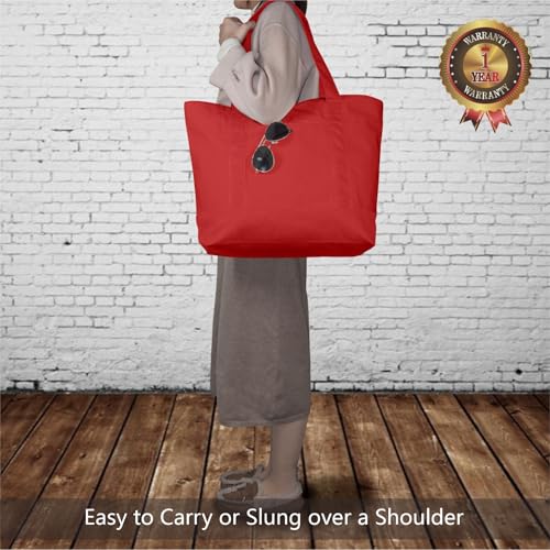 Image of TOPDesign 3-Pack Canvas Tote Bags with an External Pocket, Reusable Grocery Shopping Bags, Top Zipper Closure, Daily Essentials (Red)