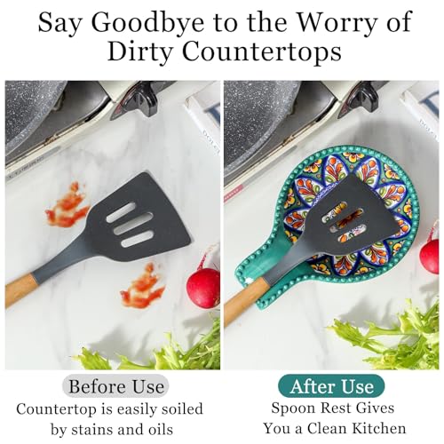 Image of Spoon Rest for Stove Top, 7.7 inchCeramic Spoon Holder for Countertop | Large Spatula Rest for Kitchen Counter Decor, Heat-Resistant Cooking Utensil Rest for Tongs, Dishwasher Safe, Bohemian Style
