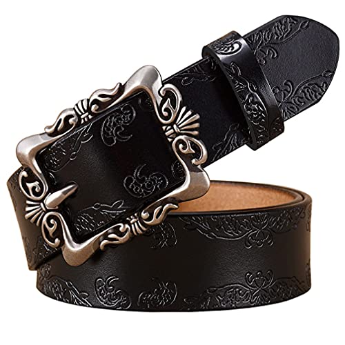 Women Carved Hollow Alloy Pin Buckle Leather Belt Unisex Vintage Genuine Cowhide Leather Belt for Jeans Pants