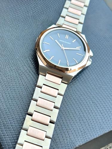 Image of AMERICANVIBER Modern Analog Watch, Silver and Black Two-Tone Stainless Steel Band, Octagonal Case, White Dial for Men