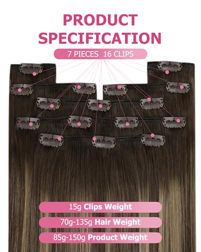 Image of YoungSee Balayage Hair Extensions Clip ins Real Human Hair Dark Brown Mix Caramel Blonde Clip in Extensions, Flexible Construction for Full Head, Clip in Human Hair Extension Add Volume 120G 20 Inch