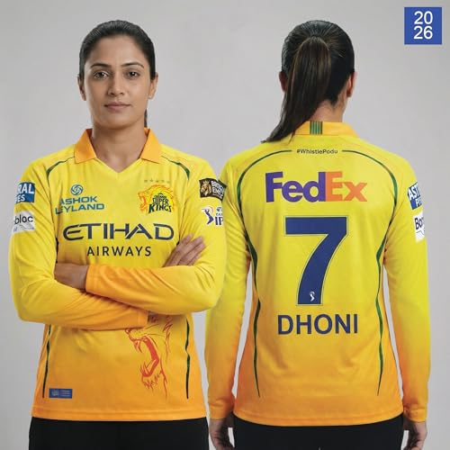 Image of playR x Chennai Super Kings Original Match Jersey IPL 2026 - Adult Dhoni 7 Long Sleeve CSK Cricket T-Shirt, Regular Fit Sportswear Tee for Training, Outdoor & Match Day Activewear for All Season