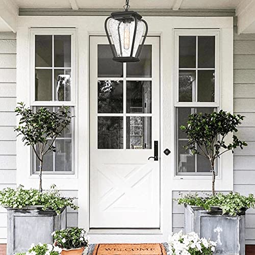Gooray Outdoor Pendant Light Fixture,13" Outdoor Pendant Lights For Porch, Large Exterior Hanging Lantern Porch Light Outside Lighting For House In Sand Black Finish Clear Seeded Glass Lamp Shade #TOP4