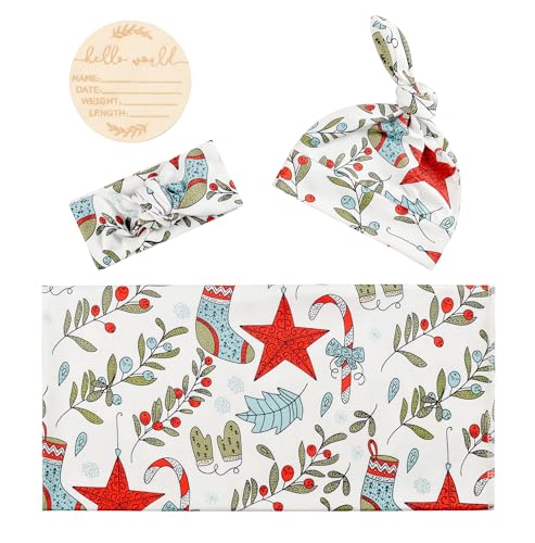 Image of Newborn Baby Girl Receiving Blanket Swaddle Blanket Stretchy Knit Swaddle Set with Matching Headband and Beanie (Red Socks Christmas)