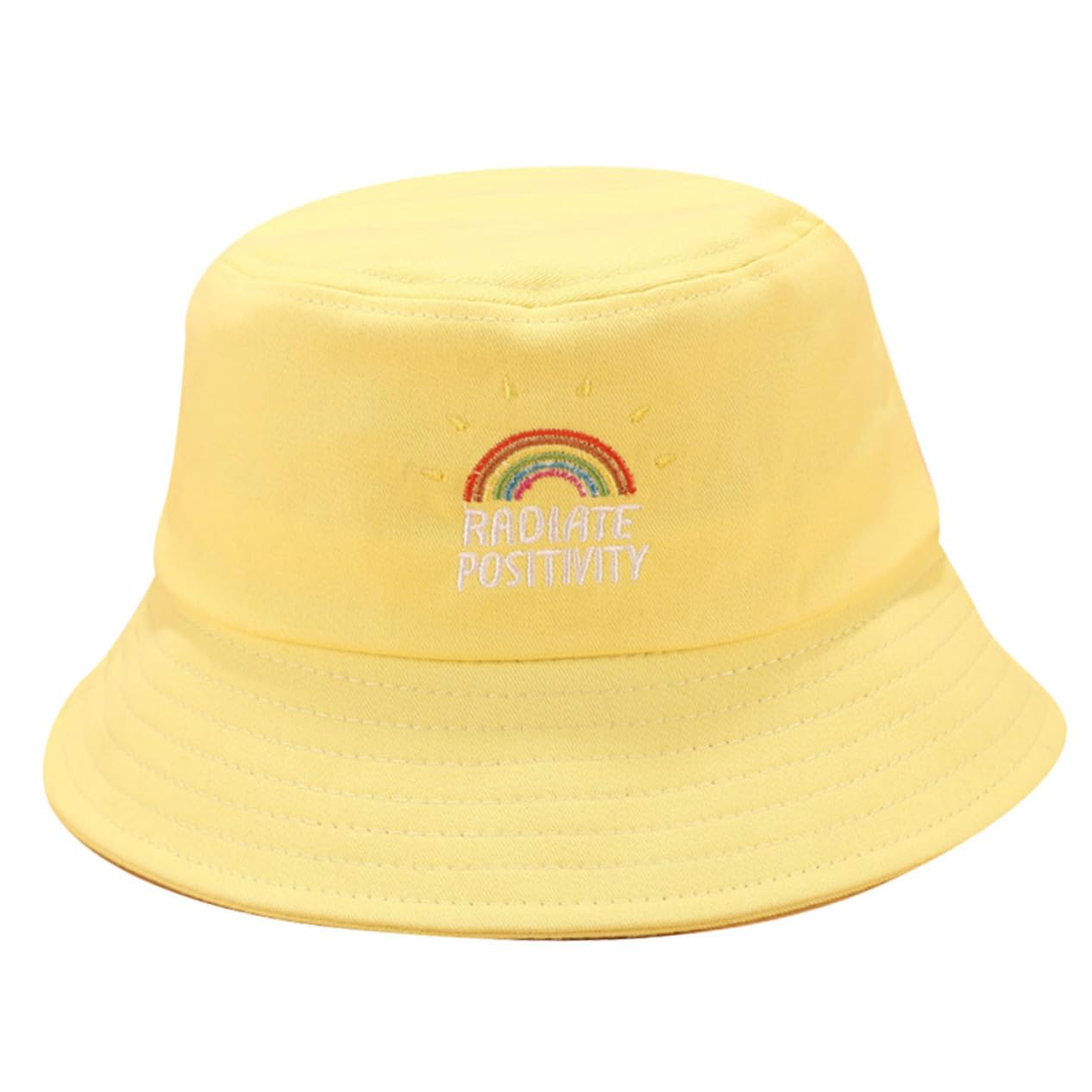 TOVINANNA Collapsible Rainbow Embroidery Sun Bucket Hat for Outdoor Beach Fishing Durable Fisherman Hat with Wide Brim Protection Yellow