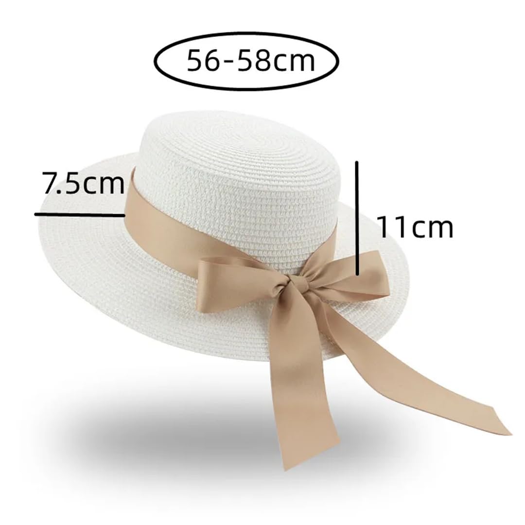Yeuyyben Cappello da pescatore estivo da donna, cappello da spiaggia, cappelli di paglia per le donne con fiocco a nastro con parte superiore piatta elegante cappelli di paglia Sombrer