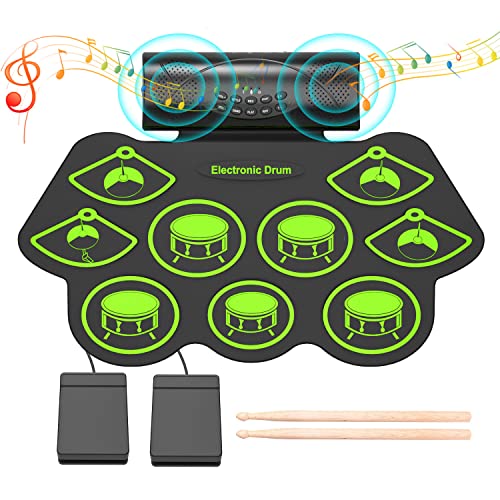 Electronic Drum Set, KONIX 9 Pads Electric Midi Drum Set, Portable Roll Up Drum Practice Pad Drum Kit Built-In Speaker Drum Pedals Drum Sticks, Great Holiday Birthday Gift for Kids Adults