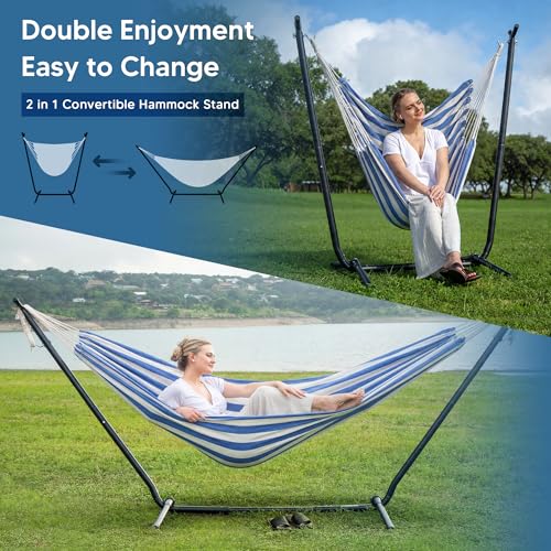 Image of SUNCREAT 2-in-1 Convertible Backyard Fabric Hammock with Stand, Blue White