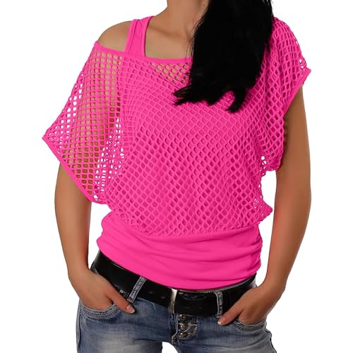 Neon Netzoberteil Damen 80er 90er Jahre Outfit Frauen Netz Partytop Sommer Fishnet Tops Durchsichtiges Mesh Oberteil Karneval Fasching Festival Pink...