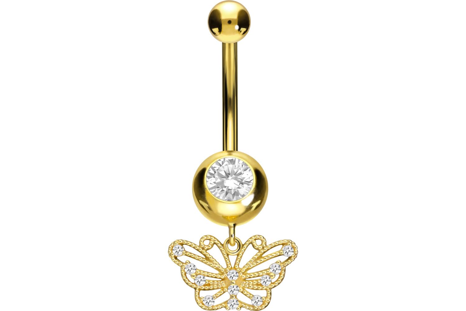 PIERCINGLINE 18 Karat Gold Bauchnabelpiercing mit Schmetterling und Kristallen Bananabell Piercing Gelbgold