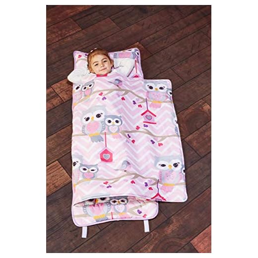 Everyday Kids Toddler Nap Mat with Removable Pillow - Sweet Owls - Carry Handle with Straps Closure, Rollup Design, Soft Microfiber for Preschool, Daycare, Travel Sleeping Bag - Ages 3-6 Years