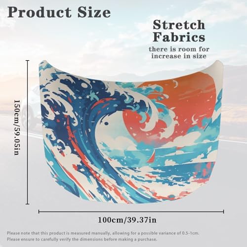 Image of Ukiyo-e Great Wave Car Hood Covers for Automobiles, Retro Aesthetic Art Sea Wave Sunset Elastic Fabric for Car Hood Decoration, Can be Washed Auto Accessories