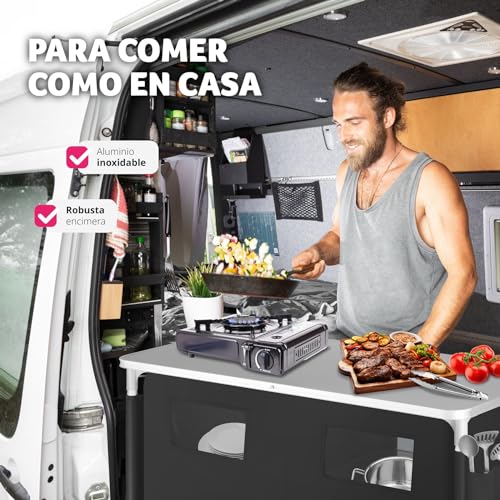 tectake® Cocina de Camping Plegable, Ligera, con Bolsa de Transporte, Accesorios de Cocina, Mesa Plegable Camping, Armario Cocina Camping, Mueble Cocina Camping, Mesa de Camping - Negro - imagen 6