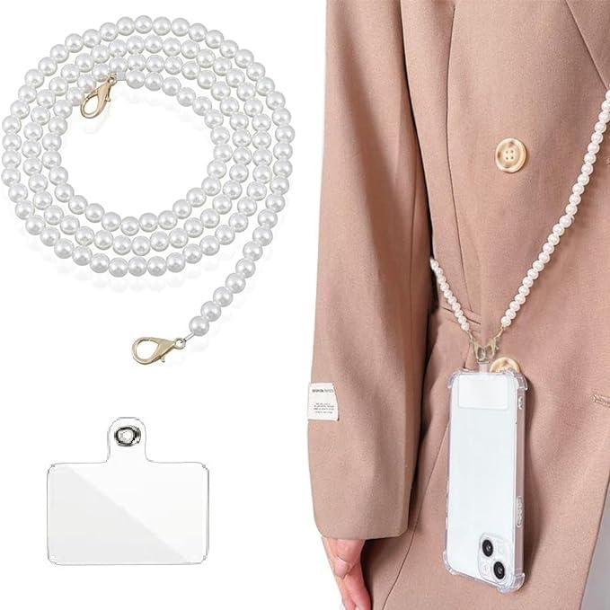Image of KHOLAD White Bow Phone Chain Crossbody Pearl Strap | 2in1 Wrist & Shouler Crossbody Lanyard | Pearl Beads Charms Chain with Phone Tether Patches | Compatible with Most Phones, Bag, Purse