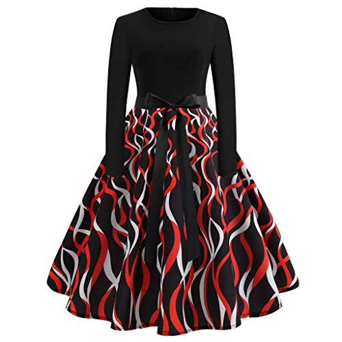 Preisvergleich Produktbild Weihnachten Partykleider Damen ElegantRiou Weihnachtskleid Langarm Knielang Retro A Linie Abendkleid Cocktailkleid Swing Kleid (S, Rot G)