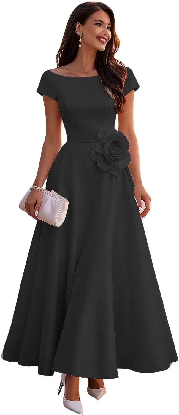Women's 3D Flowers Mother of The Bride Dresses A Line Satin Ruffle Long Formal Evening Dress with Pockets CJ019