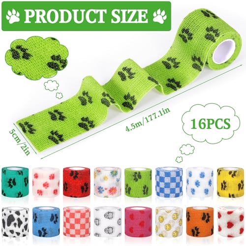 GMUFTIR Selbstklebende Bandage für Haustiere, 16 Rollen Selbstklebender Verband 5cm*4,5m, Elastische Kohäsive Haftbandage für Hund Pferd Haustier Sport Hand Arm Fuß Gelenk Finge