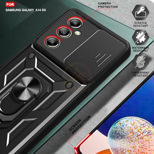 Image of Armor Bumper Back Cover Case for Samsung A14 Rotating Camera Cover, Ring Holder & Kickstand | Heavy Duty & 360 Degree Protection Samsung A14 Back Cover (Black)