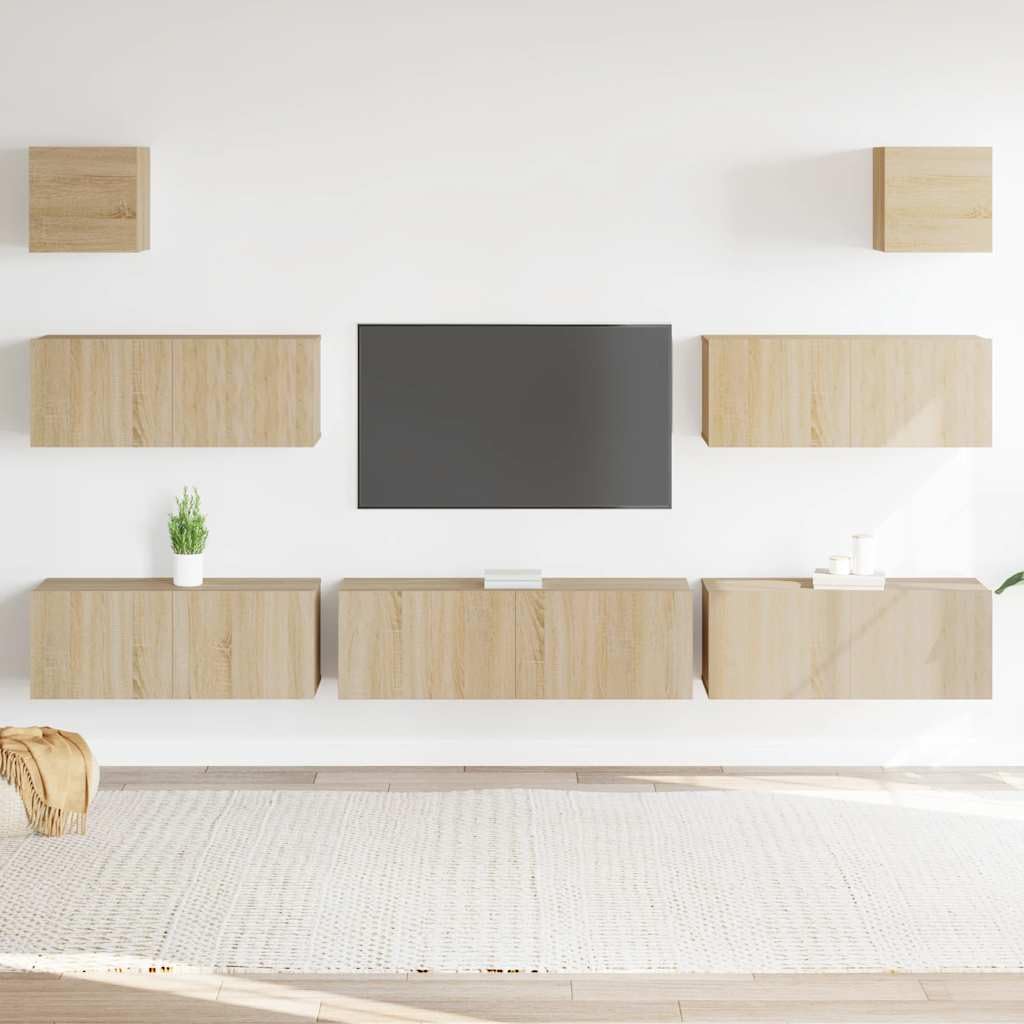 7-TLG. TV-Schrank-Set Sonoma-Eiche, Holzwerkstoff, Hängend, Modernes Media-Center für Wohnzimmer, Robust & Vielseitig