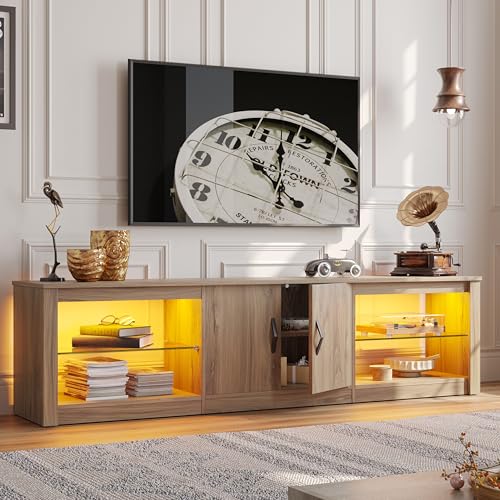 Bestier TV Cabinet with Cabinet Doors and Adjustable Glass Shelves Modern TV Table for 60-75 Inch TVs 180cm TV Unit for Living Room (Wood)