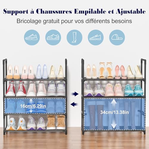 Étagère à Chaussures 4 Niveaux, Rangement Chaussures, Meuble Chaussure Entree, Range Chaussures Gain de Place pour 12 Paires, pour Salon,Chambre, 60 x 25.5 x 72 cm, NOI – Image 4
