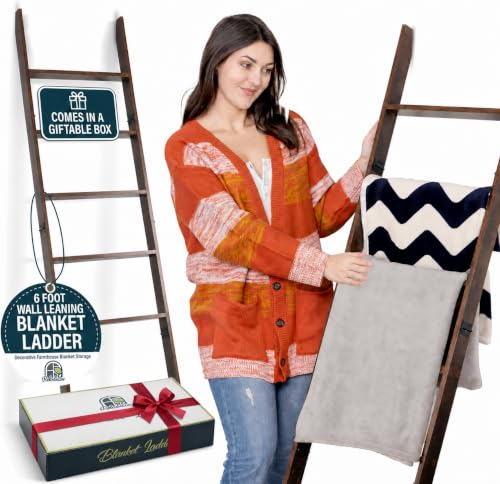 Image of Blanket Ladder for the Living Room and Bedroom, Quilt Rack, Rustic Hickory