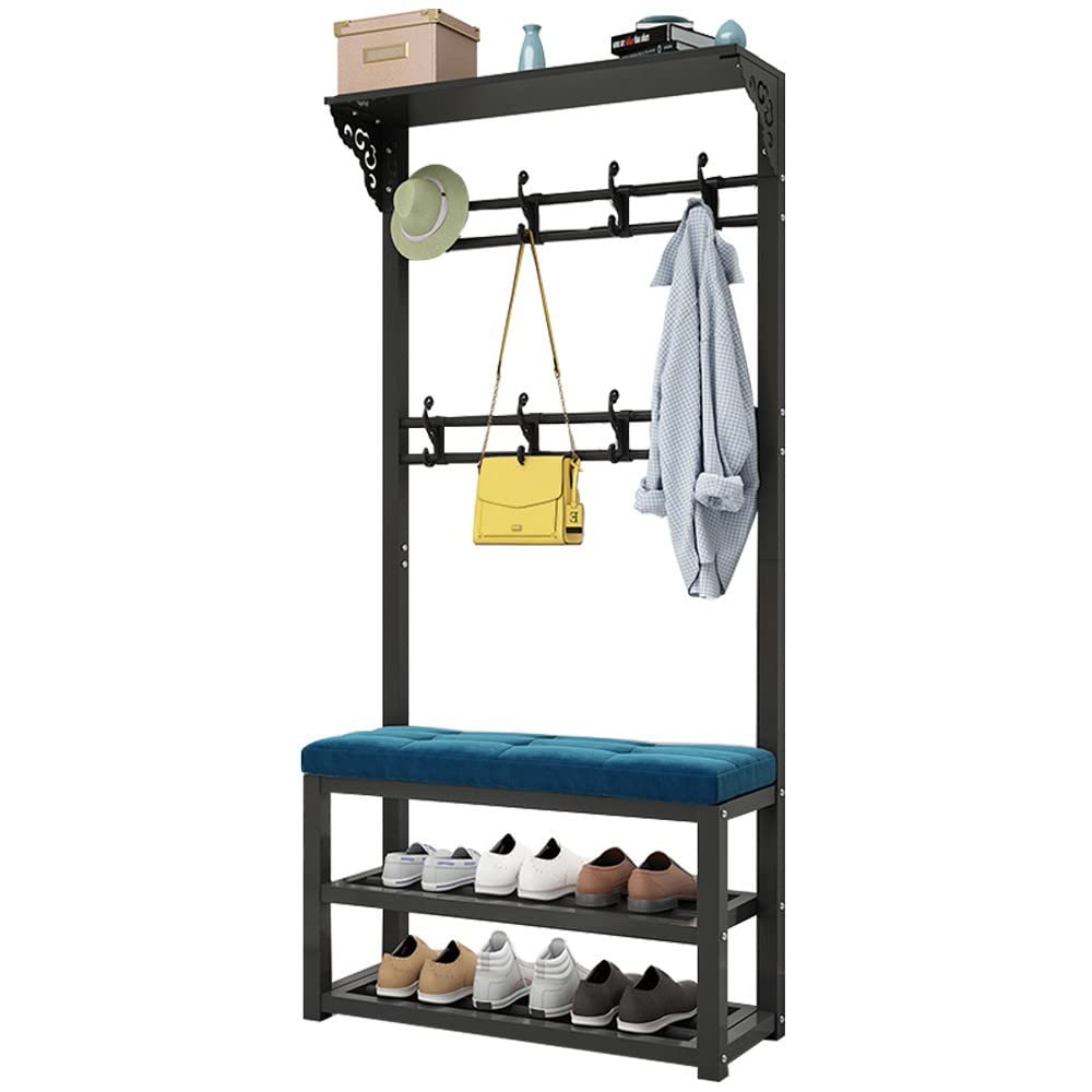 Garment Rail Large Coat Rack Stand With Shelf, Multifunctional Metal Coat Rack With Shoe Bench, Hanging Rod And Hooks, For Bedroom Living Room Entrywa