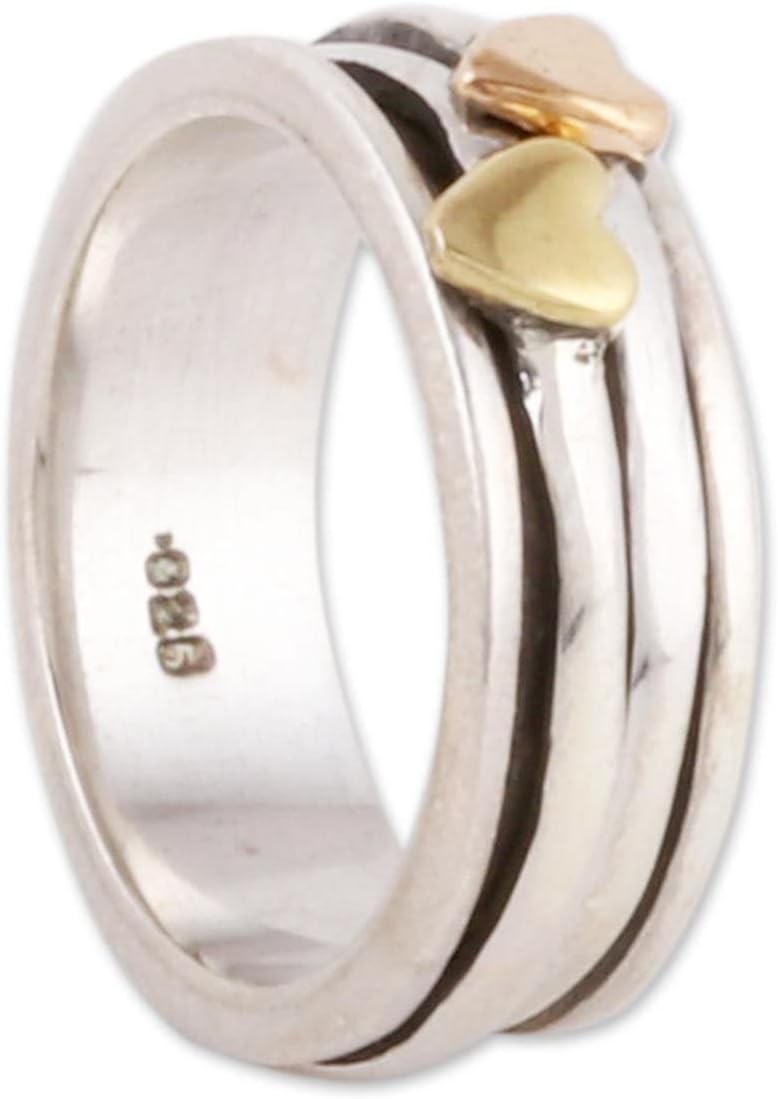 NOVICA Artisan Handmade .925 Sterling Silver Spinner Ring Heart Motif Brass Band Meditation India 'Traveling Hearts'