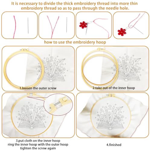 Image of BEUNITONE 6 Set Embroidery Kit for Beginner Adults, Books & Flowers Cross Stitch Set with Stamped Pattern Hoops Threads Cloth Needles, Embroidery Starter Kit for Gifting and Home Decoration