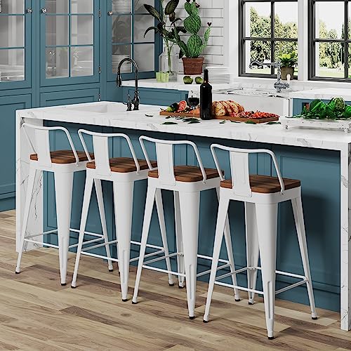 Image of WENTMENT Bar Stools Set of 4 Counter Height Metal Barstools with Removable Back 30 inch Kitchen Bar Stools with Wooden Seat,Off White