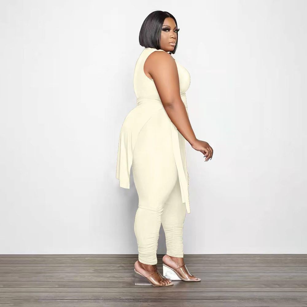 Women Plus Size 2 Piece Outfits Jumpsuit Camouflage Print Sleeveless Slit Tunic Tops Pant Set