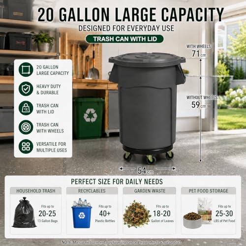 Image of 20 Gallon Outdoor Trash Can with Lid and Wheels, 1 Pack-Gray