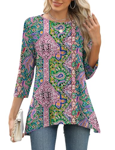LOMON 3/4 Sleeve Tunic Tops for Women Loose Fit Dressy Casual Blouse Flowy Shirts to Wear with Leggings S-3XL