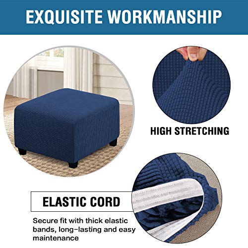 Image of H.VERSAILTEX Square Ottoman Covers Ottoman Slipcovers Folding Storage Stool Furniture Protector Form Fit with Elastic Bottom, Stretch High Spandex Small Checks Jacquard Fabric(Large,Navy)