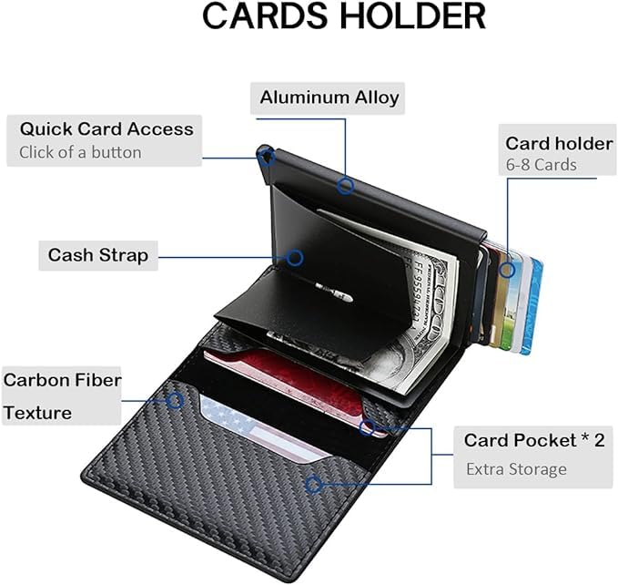 ZWALLET Pop Up Carbon Fiber Slim Card Holder NFC & RFID Blocking Luxury Minimalist Wallet Hold 7 Cards and Cash (Carbon Fiber leather, Red)3