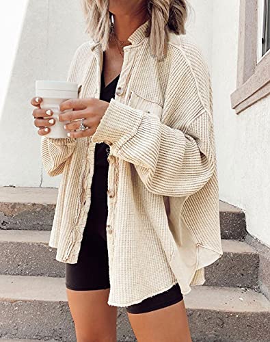 Chouyatou Women'S Loose Fit Batwing Sleeve Waffle Knit Button Down Shirt Shacket Tops thumb #1