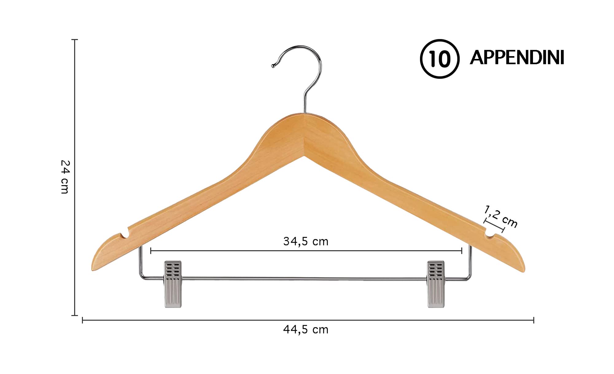 IlGruppone Grucce in Legno Naturale con Clip Regolabili 10 Pezzi Appendino Armadio Appendiabiti Pantaloni Gonne Giacche Gancio Girevole 360°