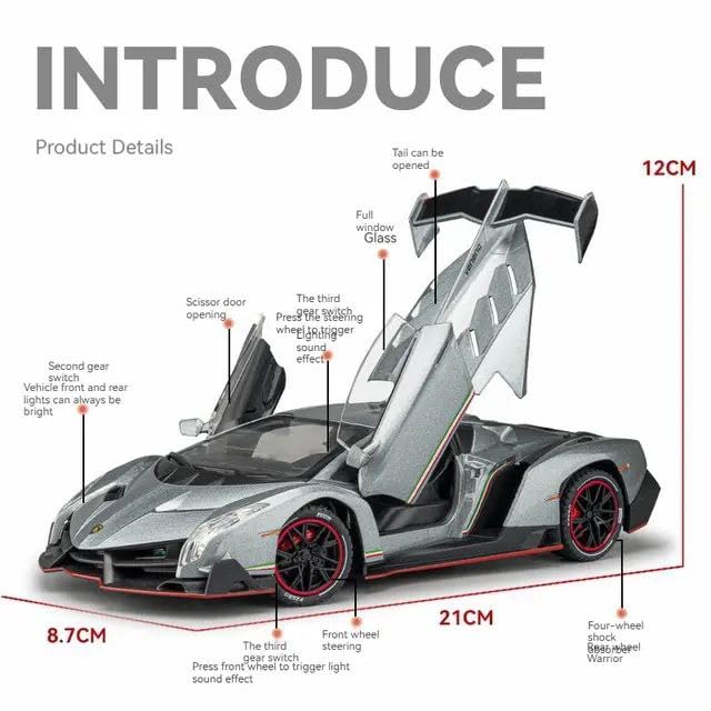 Image of FEXXA 🏎️ Exclusive Alloy Metal Pull Back Die-cast Car Model with Sound Light Mini Auto Toy for Kids Metal Model Toy Car with Sound and Light (1.24 Scale Lamborghini VANENO-Grey)