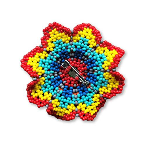 Image of Mayan Arts Mini Beaded Flower Brooch Pin, Green, Orange, Yellow, and Blue Handmade Decorative Flowers, Jewelry Accessory, Fair Trade Guatemala, 2.5 Inches