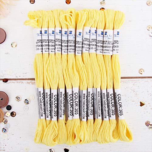 Image of 12 Skeins ThreadArt Cotton Embroidery Floss, Light Yellow | Long fiber cotton embroidery floss for cross stitch, hand embroidery and bracelets. Six-strand floss separates easily.