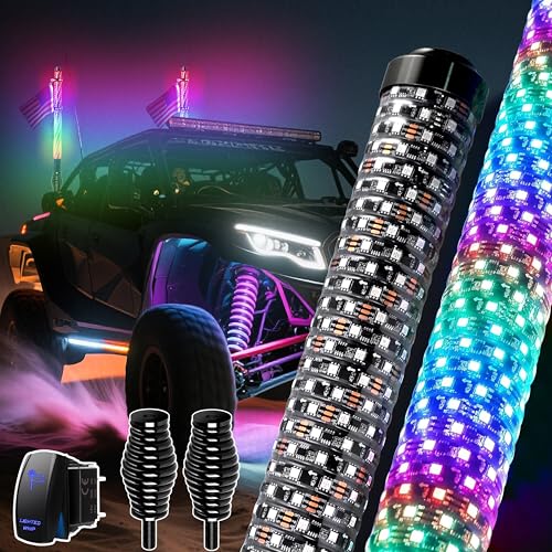 AMONLY 2FT Fat RGB LED Whip Light with Rocker Switch Anti-Fracture Spring Base App & Remote Controlled Off-Road Lighted Antenna Whips for Jeep ATV UTV Polaris RZR 44 Trucks