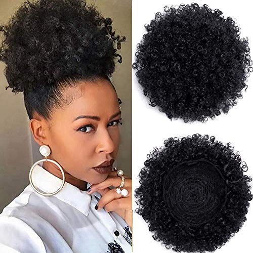 High Puff Afro Ponytail Drawstring Short Afro Kinky Curly Pony Tail Clip in on Synthetic Curly Hair Bun Made of Kanekalon Fiber Puff Ponytail Wrap Updo Hair Extensions with Clips (1B)