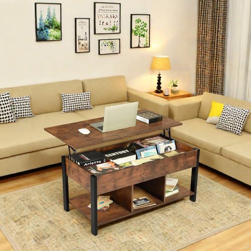 buybyroom lift top coffee table with storage, dark wood storage coffee table, rustic tables for living rooms, Ideal for living spaces and bedrooms, 100×750×762cm, brown and black - Image 4