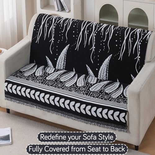 Image of HOKIPO Serene Abode Sofa Cover 2 Seater, 180x120 cm, Black Fern Tribal