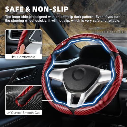 Image of Amiss 3pcs Carbon Fiber Anti-Skid Steering Wheel Cover, Waterproof Design, Universal Fit for 14-16 Inch Car Wheel Cover, Interior Car Accessories for Jeeps, SUVs, Trucks (Glossy Red)