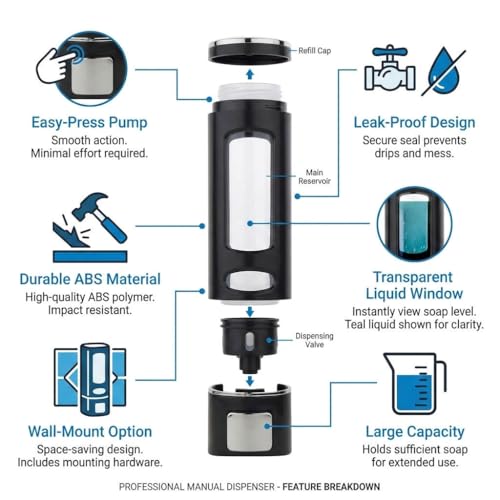 Image of Wall-Mounted Soap Dispenser 400ml with Adhesive Hook, No-Drill ABS Plastic Dispenser for Kitchen, Bathroom, Hand Wash, Shower Gel, Sanitizer Capsule Design Black
