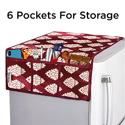 Image of Polyester 3-Layered Fridge Top Cover /Refrigerator Cover with Utility Pockets and Set of 3 Pc Fridge Mats (Color-Maroon, Size-39x21 Inch)