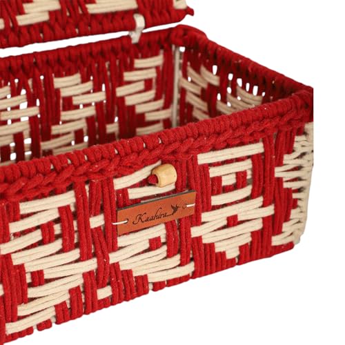 Image of Kaahira Handmade Decorative Storage Box and Organiser | Macrame Gift Hamper Box for Cosmetics, Toiletries & Return Gifts | Aesthetic Rope Woven Organizer (Red and White, Small - 9x6x4 inches)