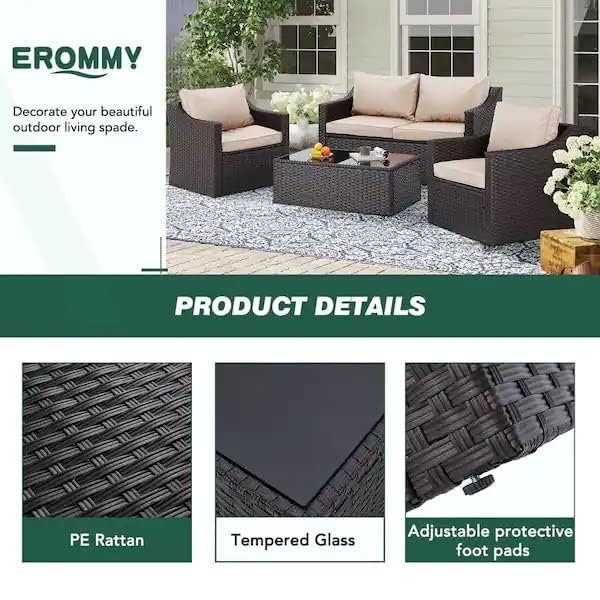 Image of Amazon Brand - Solimo Solara Outdoor Rattan Wicker 4 Seater Sofa Set with Cushions & Center Table | Conversation Set Patio Furniture Sectional for Balcony Garden, Backyard, Lawn, Poolside (Dark Brown)
