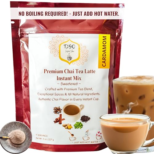 T2GO Instant Cardamom Chai Latte Mix Sweetened (8oz) | Premium Indian Powder with Dominant Elaichi Spice & Black Tea | Quick Hot or Iced Drink
